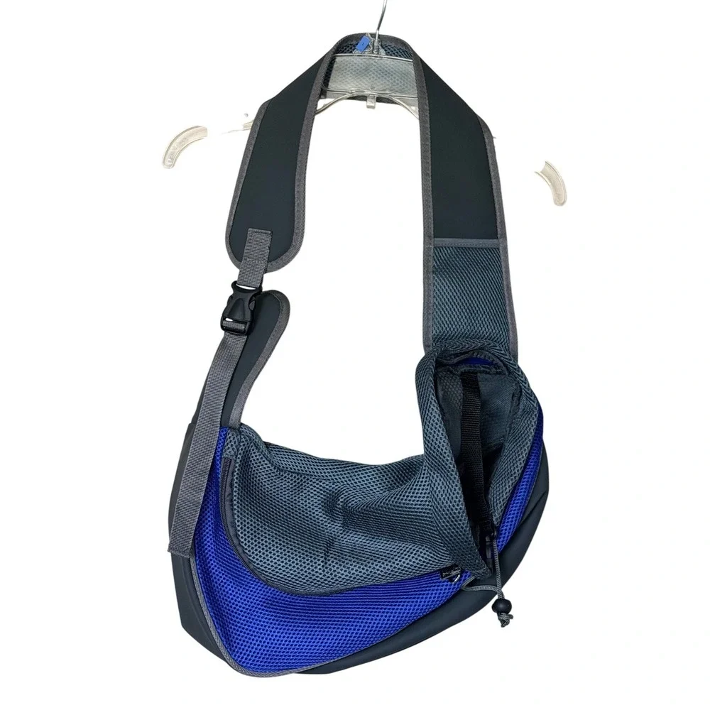 Hands Free Pet Carrier Sling Small Dog Cat Mesh Travel Bag Blue Grey Adjustable